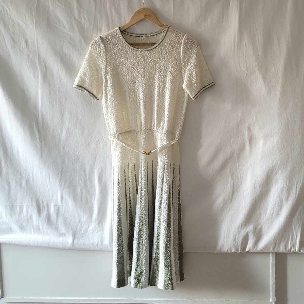 Midcentury Slub Knit Dress Ecru Green Borders M